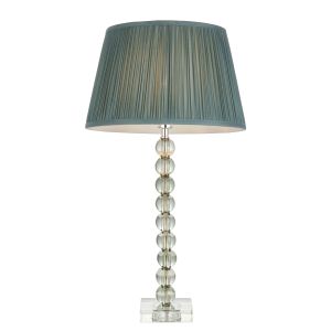 Adelie 1 Light E14 Table Lamp Nickel With Grey Green Crystal Glass With Inline Switch C/W Freya 12" Fir Gathered Silk Fabric Shade