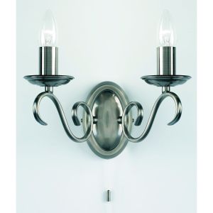 Bernice 2 Light E14 Antique Silver Wall Light With Pull Cord Switch