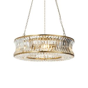 Cosimo 6 Light E14 Brushed Warm Brass Adjustable Pendant With Concave Clear Glass & Clear Cut Faceted Glass Crystals