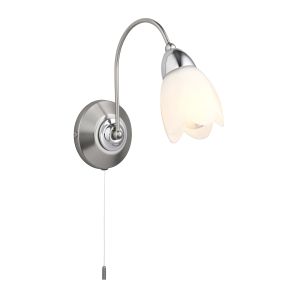 Petal 1 Light E14 Chrome & Satin Chrome Wall Light With Pull Cord Switch C/W Matt Opal Glass Shade