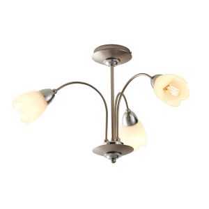 Petal 3 Light E14 Chrome & Satin Chrome Semi Flush Fitting C/W Matt Opal Glass Shades