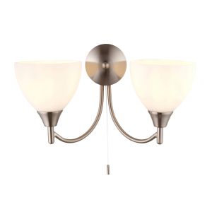 Alton 2 Light E14 Satin Chrome Wall Light With Pull Cord Switch C/W Matt Opal Glass Shades