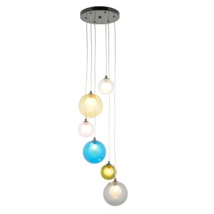 Arna 6 Light G9 Black Chrome Adjsutable Cluster Pendant With Multi-Coloured Glass Globe Shades