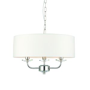 Nixon 3 Light E14 Bright Nickel Adjustable Pendant With A Touch Of Crystal C/W Vintage White Faux Silk Shade