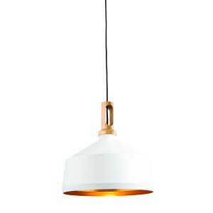 Garcia 1 Light E27 Matt White & Light Wood Single Adjustable Pendant With Gold Hammered Inner Effect