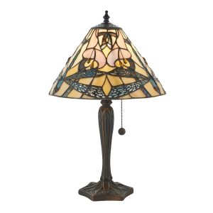 Ashton 1 Light E27 Dark Bronze Table Lamp With Pull Cord Switch C/W Tiffany Shade