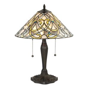 Dauphine 2 Light E27 Dark Bronze Medium Table Lamp With Pull Cord Switch C/W Shimmering Translucent Tiffany Shade