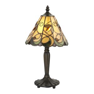 Jamelia 1 Light E27 Dark Bronze Mini Table Lamp With Inline Switch C/W Amber Tiffany Shade