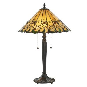 Jamelia 2 Light E27 Dark Bronze Medium Table Lamp With Lampholder Pull Cord Switch C/W Amber Tiffany Shade