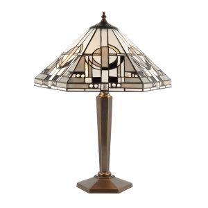 Metropolitan 2 Light E27 Deep Antique Patina Medium Table Lamp With Inline Switch C/W Art Deco Tiffany Shade