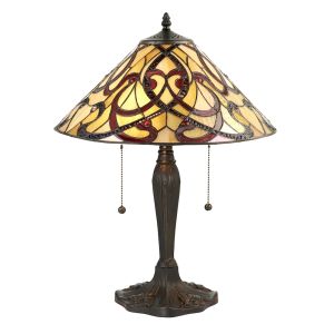Ruban 2 Light E27 Dark Bronze Medium Table Lamp With Lampholder Pull Cord Switch C/W Red & Cream Tiffany Shade
