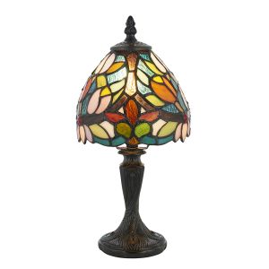 Sylvette 1 Light Dark Bronze Mini Table Lamp With Inline Switch C/W Coloured Tiffany Shade