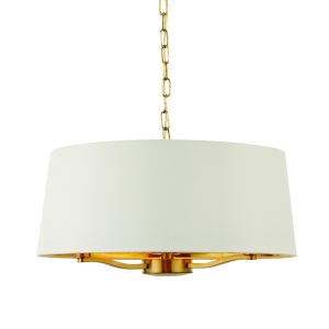 Harvey 3 Light E14 Brushed Gold Adjustable Ceiling Pendant C/W Faux Silk Vintage White Fabric Shade