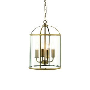 Lambeth 4 Light Antique Brass Adjustable Pendant With Clear Glass Panes
