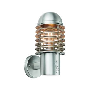 Louvre 1 Light E27 Stainless Steel IP44 Outdoor Wall Light With PIR & Clear Polycarbonate Shade