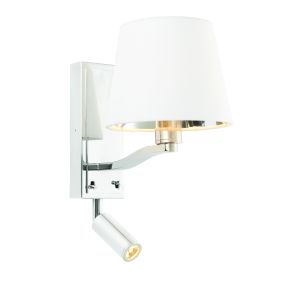 Harvey 2 Light E14 Bright Nickel Switched Wall Light With LED Reading Light C/W Faux Silk Vintage White Fabric Shade