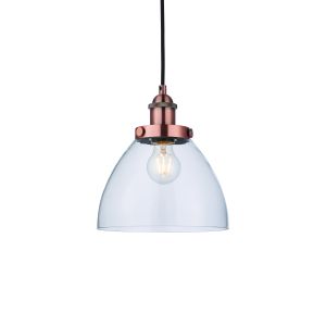 Hansen 1 Light E27 Aged Copper Adjustable Pendant C/W 225mm Clear Glass Shade