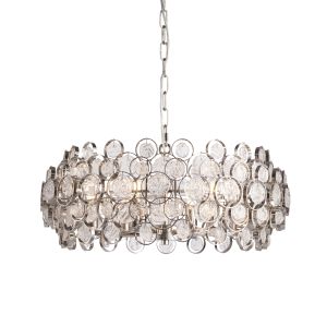 Marella 6 Light E14 Bright Nickel  Adjustable Pendant Filled With Ornate Hand Made Clear Glass Medallions