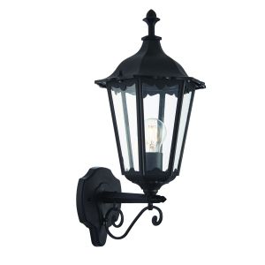 Burfold 1 Light E27 Matt Black Die Cast IP44 Outdoor Upward Wall Lantern Light With Clear Glass Panels