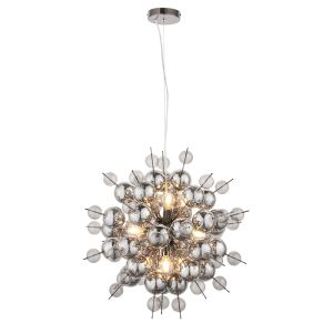 Azul 9 Light E14 Black Chromed Pendant With Delicate Smoked Mirror & Tinted Glass Spheres