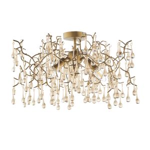 Munari 3 Light E14 Aged Gold Branch Semi Flush Fitting With Champagne Lustre Glass Teardrops