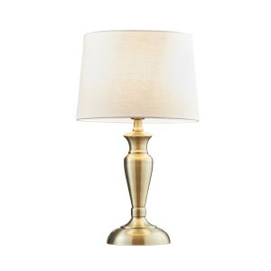 Oslo Medium 1 Light E27 Antique Brass Table Lamp C/W Mia 12" Vintage White 100% Linen Tapered Shade