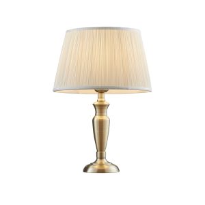 Oslo Small 1 Light E27 Antique Brass Table Lamp C/W Freya 12" Vintage White Silk Pleated Shade