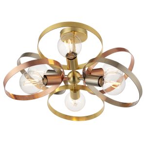 Hoop 6 Light E27  Mixed With Brushed Brass, Brushed Copper & Brished Nickel Semi-Flush Ceiling Fitting