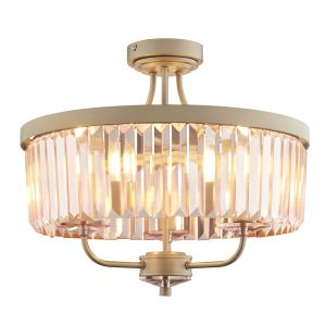 Derwent 3 Light E14 Round Champagne Semi Flush Pendant With Pink Cut Glass Chandelier