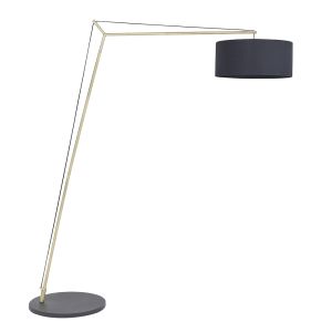 Tenza 1 Light E27 Matt Brass With Black Base XL Angular Floor Lamp With Inline Foot Switch C/W Black Cotton Shade