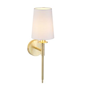 Notte 1 Light E14 Satin Brass Plated Wall Light C/W White Cotton Shade