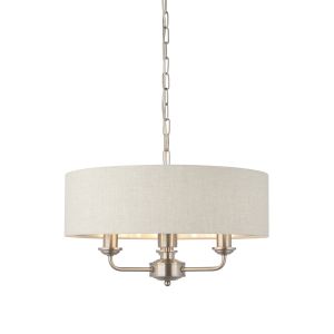 Highclere 3 Light E14 Brushed Chrome Ceiling Pendant C/W Natural 100% Linen Fabric Shade With Brushed Metallic Inner