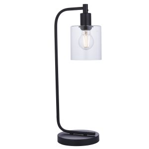 Toledo 1 Light E27 Matt Black Painted Metalwork Table Lamp With Clear Glass Shade With Inline Switch