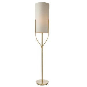 Fraser 1 Light E27 Satin Brass Floor Lamp C/W Mixed Linen Natural Fabric Cylinder Shade