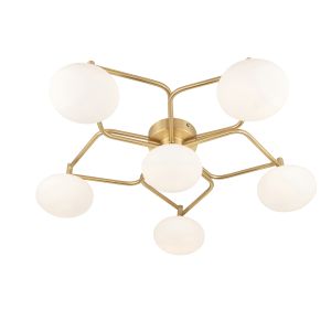 Nemo 6 Light G9 Satin Brass Geometric Flower Flush Light C/W matt Opal Glass Shades