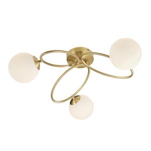 Ellipse 3 Light G9 Satin Brass Flush Ceiling Light With Matt Opal Glass Shades