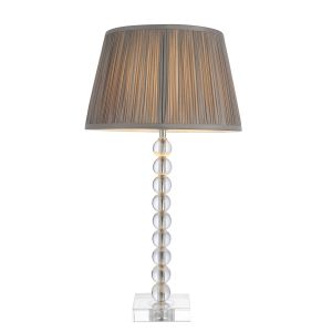 Adelie 1 Light E14 Table Lamp Nickel With Clear Crystal Glass With Inline Switch C/W Freya 12" Charcoal Gathered Silk Fabric Shade