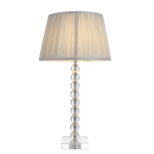 Adelie 1 Light E14 Table Lamp Nickel With Clear Crystal Glass With Inline Switch C/W Freya 12" Silver Gathered Silk Fabric Shade