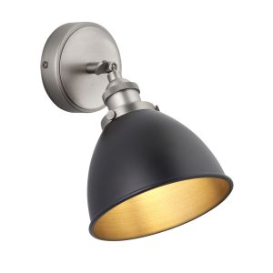 Franklin 1 Light E14 Aged Pewter Adjustable Wall Light With Matt Black Rolled Edge Metal Shade