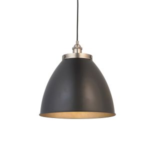 Franklin 1 Light E27 Aged Pewter Adjustable Large Single Pendant With Matt Black Rolled Edge Metal Shade