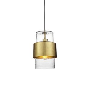 Ongio 1 Light E27 Hammered Brass Plate Adjustable Pendant With Textured Clear Glass Shade