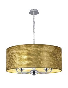 Banyan 5 Light Multi Arm Pendant, With 1.5m Chain, E14 Polished Chrome With 60cm x 22cm Gold Leaf With White Lining Shade