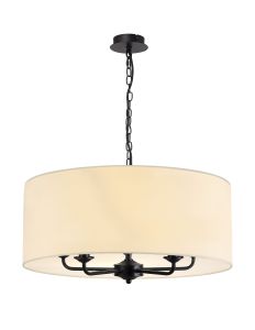 Banyan 5 Light Multi Arm Pendant With 60cm x 22cm Faux Silk Fabric Shade Matt Black/Ivory Pearl