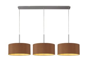 Baymont Satin Nickel 3 Light E27  Linear Pendant With 40cm x 18cm Dual Faux Silk Shade, Raw Cocoa/Grecian Bronze