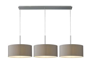 Baymont Satin Nickel 3 Light E27  Linear Pendant With 40cm x 18cm Faux Silk Shade, Grey/White Laminate