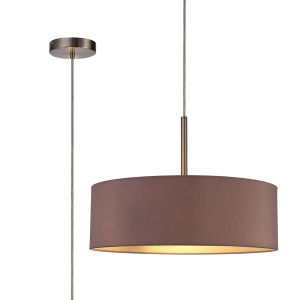 Baymont Satin Nickel  3 Light E27 Single Pendant, With 45cm x 15cm Dual Faux Silk Shade, Taupe/Halo Gold