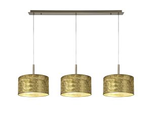 Baymont Antique Brass 3 Light E27 Linear Pendant With 30cm x 17cm Gold Leaf Shade 3m