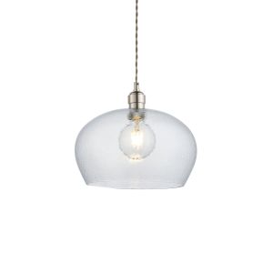 Vigo 1 Light E27 Polished Nickel Medium Adjustable Pendant With Clear Hamemred Effect Hand Blown Glass Shade