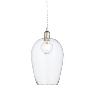 Vigo 1 Light E27 Polished Nickel Large Adjustable Pendant With Clear Hammered Effect Hand Blown Glass Shade