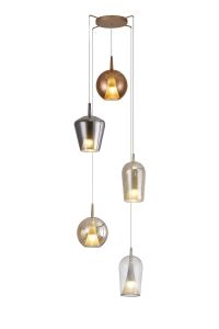 Elsa 68.5cm Pendant With Mixed Shades, 5 Light E27, Clear/Chrome/Bronze/Copper Glass With Frosted Inner Cone, Gold Frame